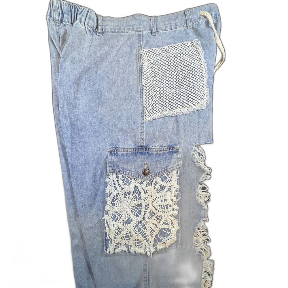 POL Boho Distressed Crochet Patchwork Denim Joggers Large - Picture 4 of 7